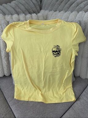 Yellow Tee with Black Floral Skull Graphic